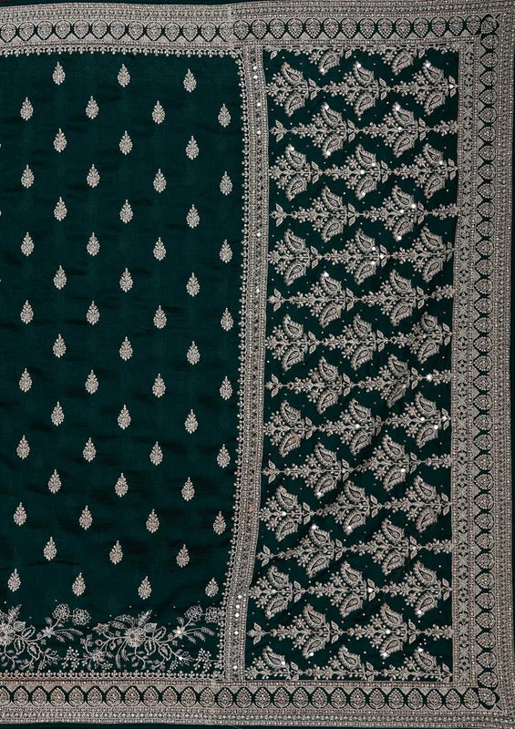 Bottle Green Soft Raw Silk Silver Zariwork Saree With Matching Blouse Piece