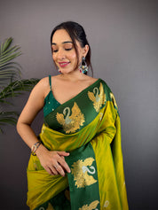 Green Swann Motif Soft Silk Saree