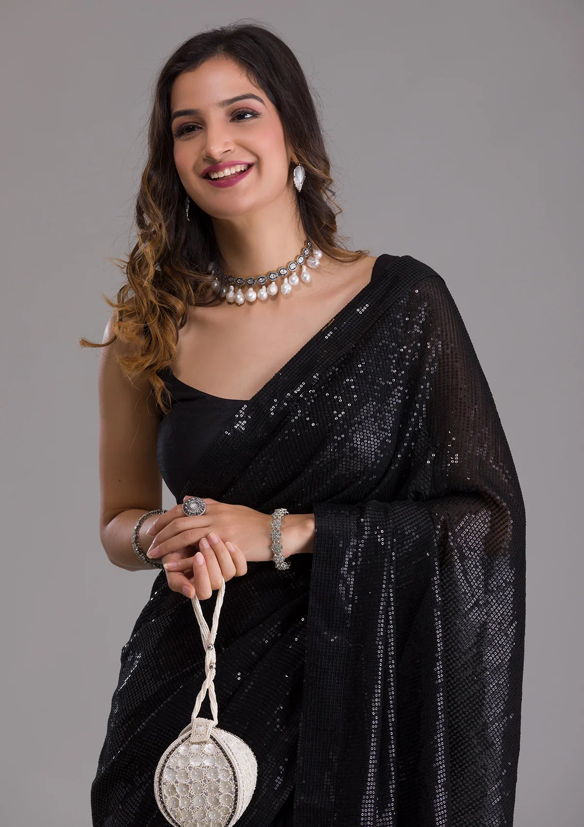 Black Georgette Sequins Saree With Matching Blouse Piece