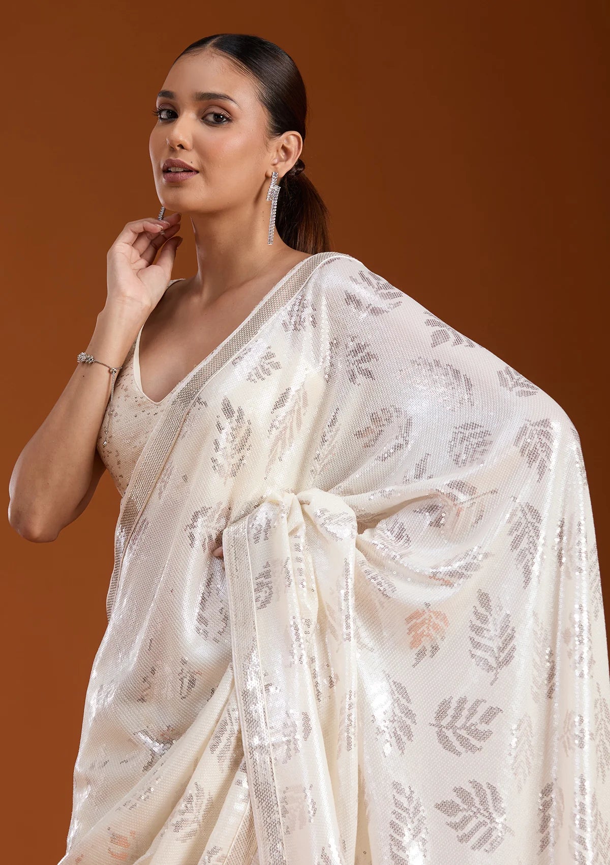 Bridelook Shimmering Leaf Motif Sequin Saree with Metallic Border