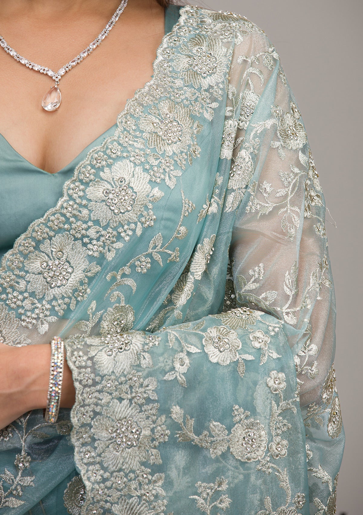 Elegant Floral Embroidered Saree with Ornate Border in Blush Pink & Aqua  Bridelook