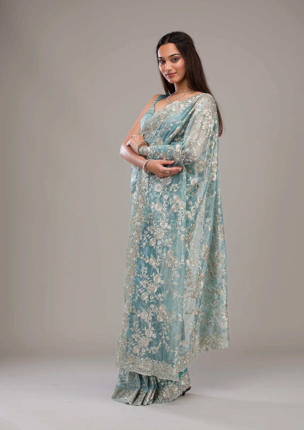 Elegant Floral Embroidered Saree with Ornate Border in Blush Pink & Aqua  Bridelook