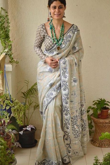 Amazing Pure Soft Silk Silver Color Saree For Girls