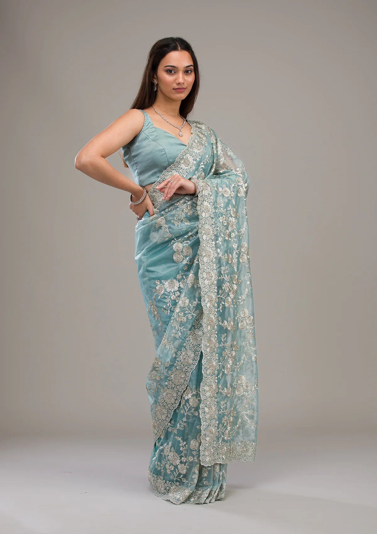 Elegant Floral Embroidered Saree with Ornate Border in Blush Pink & Aqua  Bridelook