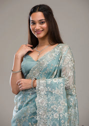 Elegant Floral Embroidered Saree with Ornate Border in Blush Pink & Aqua  Bridelook