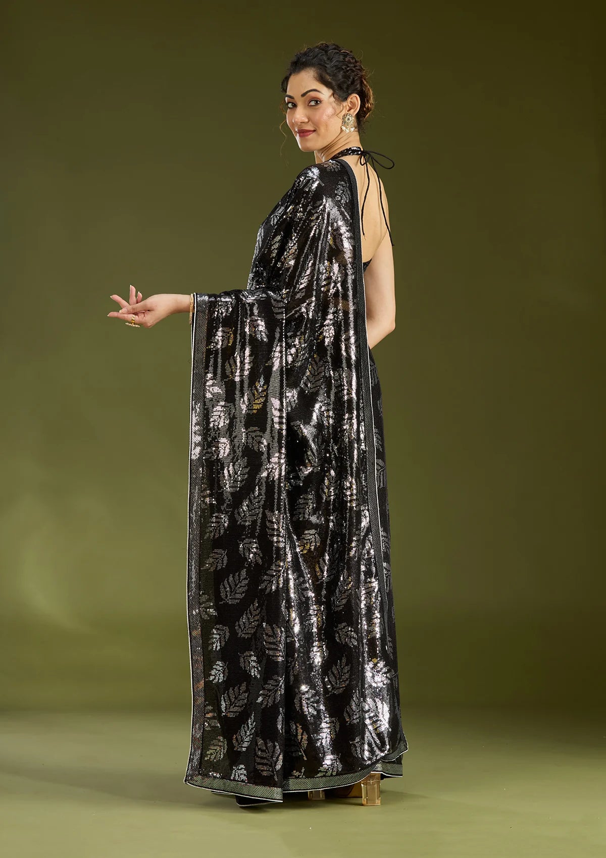 Bridelook Shimmering Leaf Motif Sequin Saree with Metallic Border