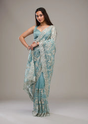 Elegant Floral Embroidered Saree with Ornate Border in Blush Pink & Aqua  Bridelook