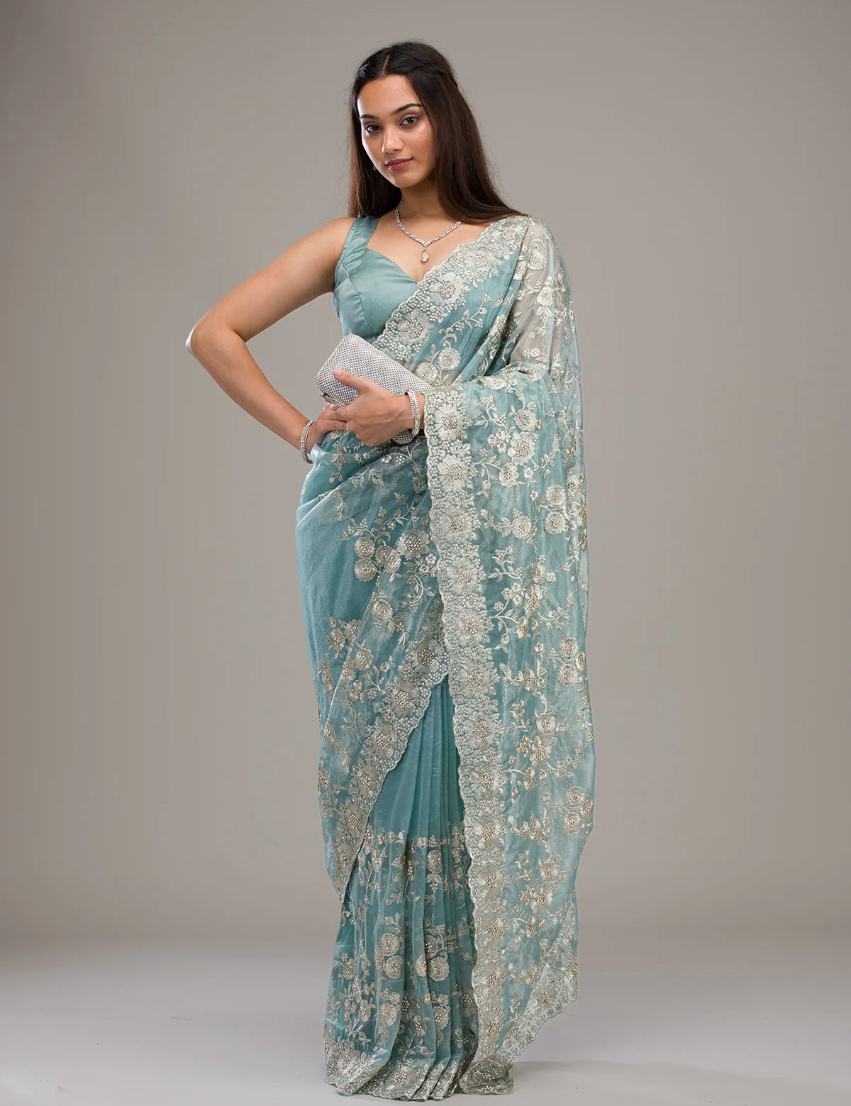 Elegant Floral Embroidered Saree with Ornate Border in Blush Pink & Aqua  Bridelook