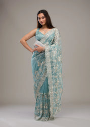 Elegant Floral Embroidered Saree with Ornate Border in Blush Pink & Aqua  Bridelook