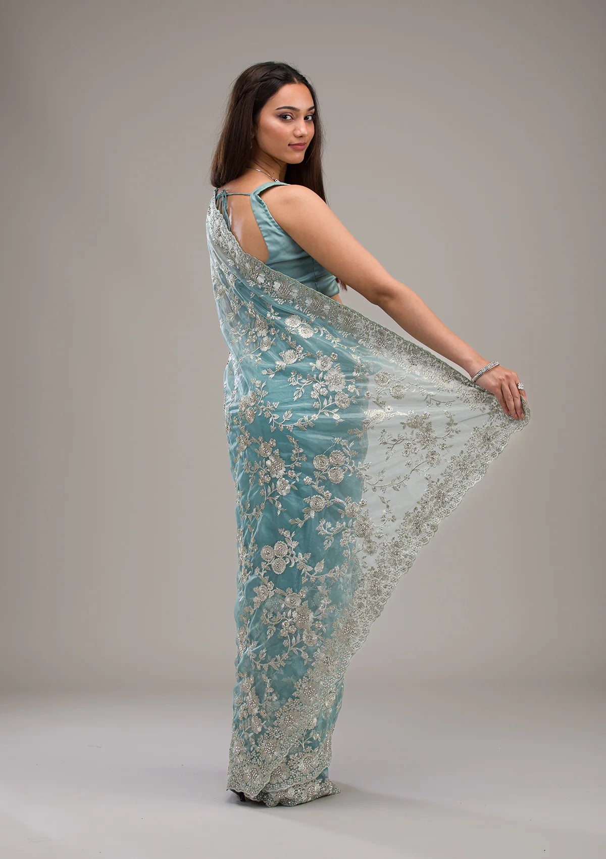 Elegant Floral Embroidered Saree with Ornate Border in Blush Pink & Aqua  Bridelook