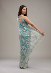 Elegant Floral Embroidered Saree with Ornate Border in Blush Pink & Aqua  Bridelook
