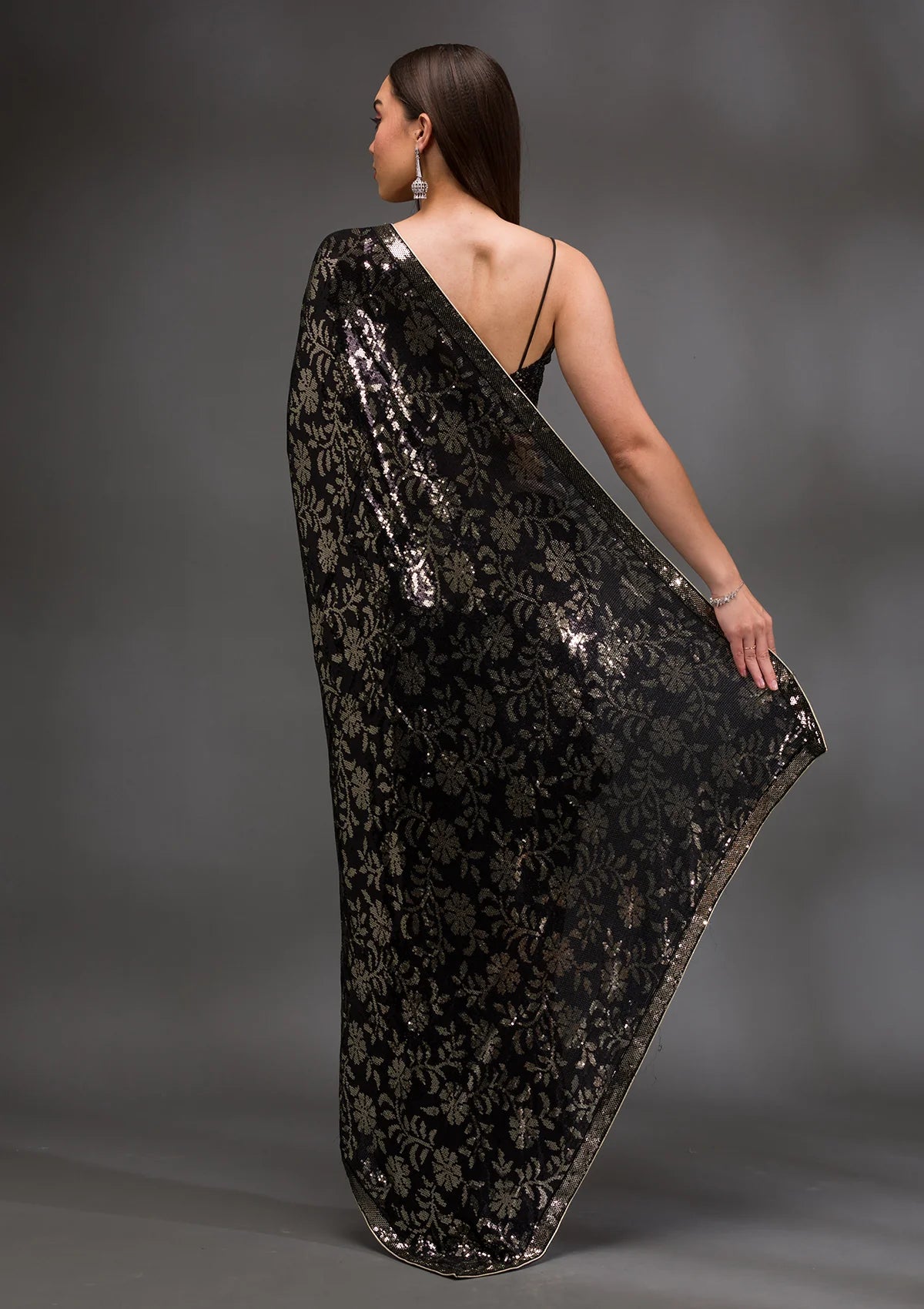 Black Georgette Sequins Saree With Matching Blouse Piece