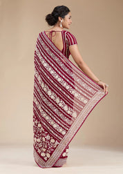 Wine Georgette Threadwork Saree With Matching Blouse Piece