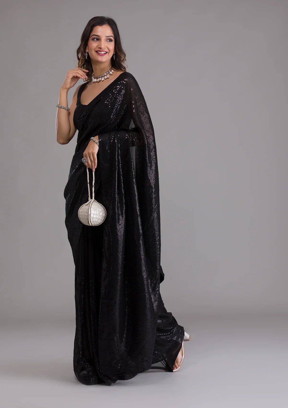 Black Georgette Sequins Saree With Matching Blouse Piece