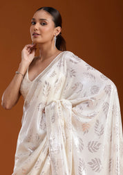 Off White Georgette Sequins Saree With Matching Blouse Piece