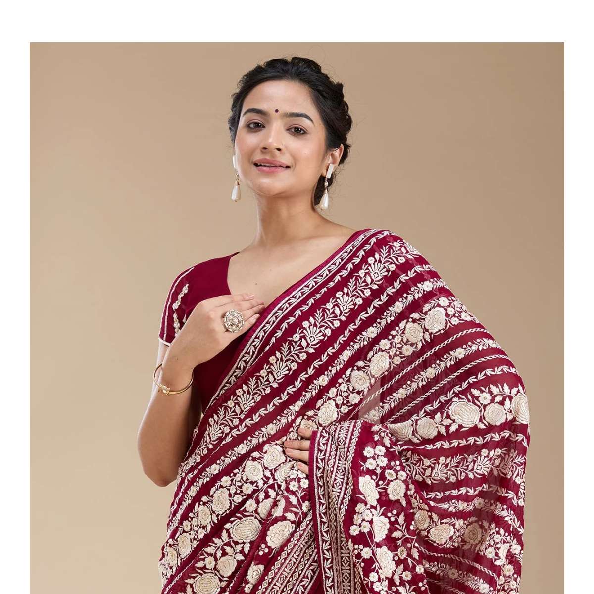 Wine Georgette Threadwork Saree With Matching Blouse Piece