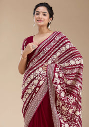Wine Georgette Threadwork Saree With Matching Blouse Piece