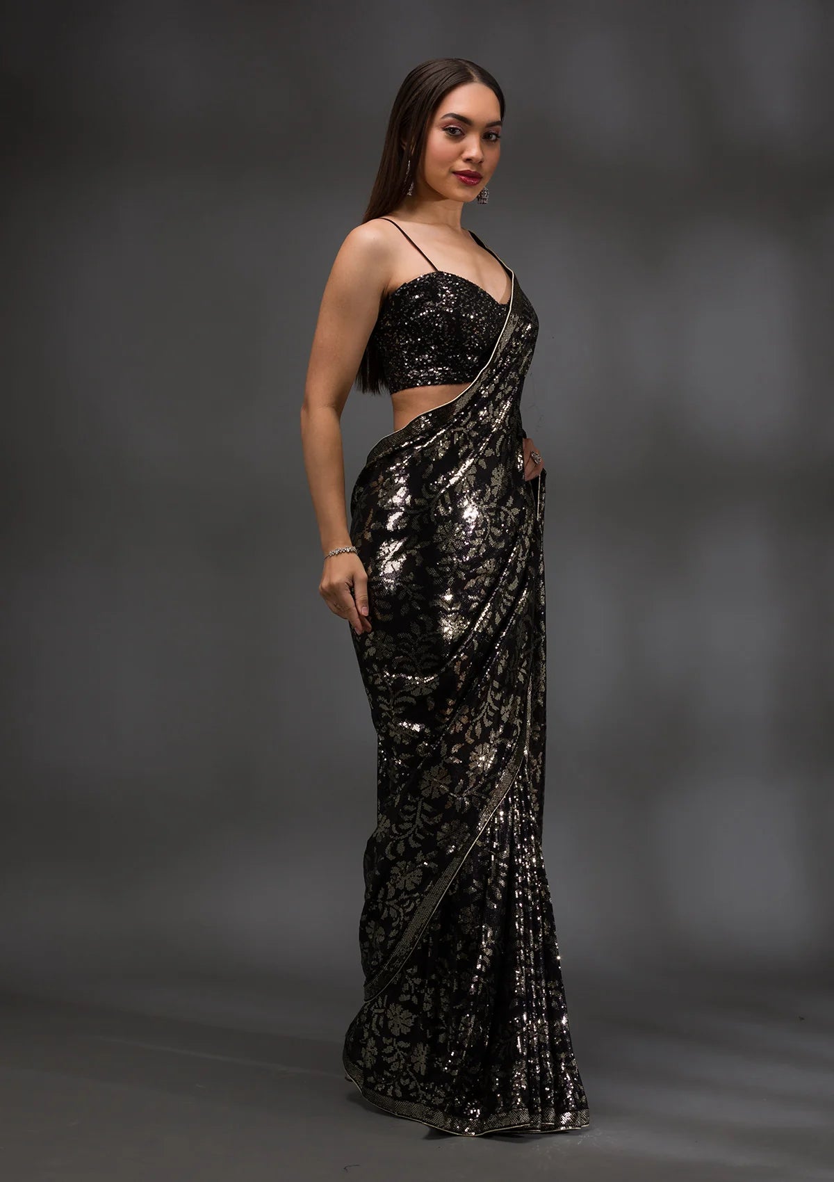 Black Georgette Sequins Saree With Matching Blouse Piece