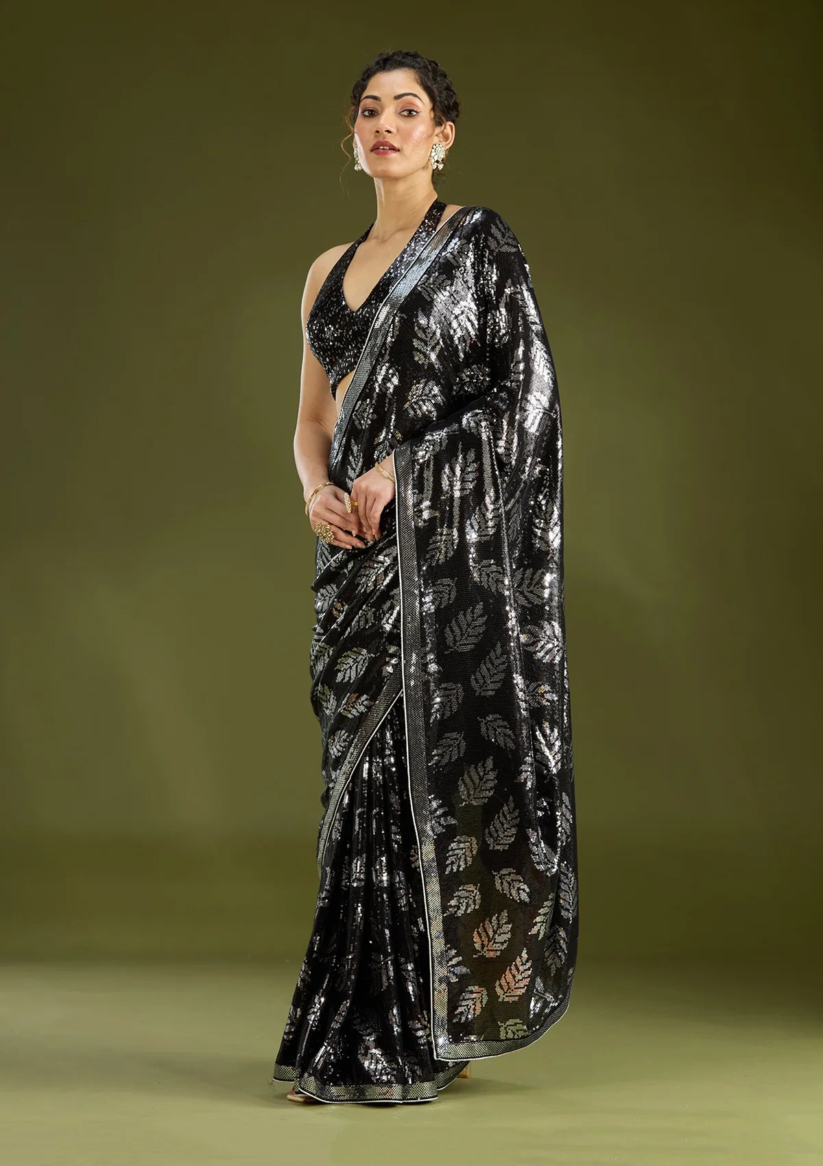 Bridelook Shimmering Leaf Motif Sequin Saree with Metallic Border