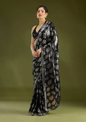 Bridelook Shimmering Leaf Motif Sequin Saree with Metallic Border