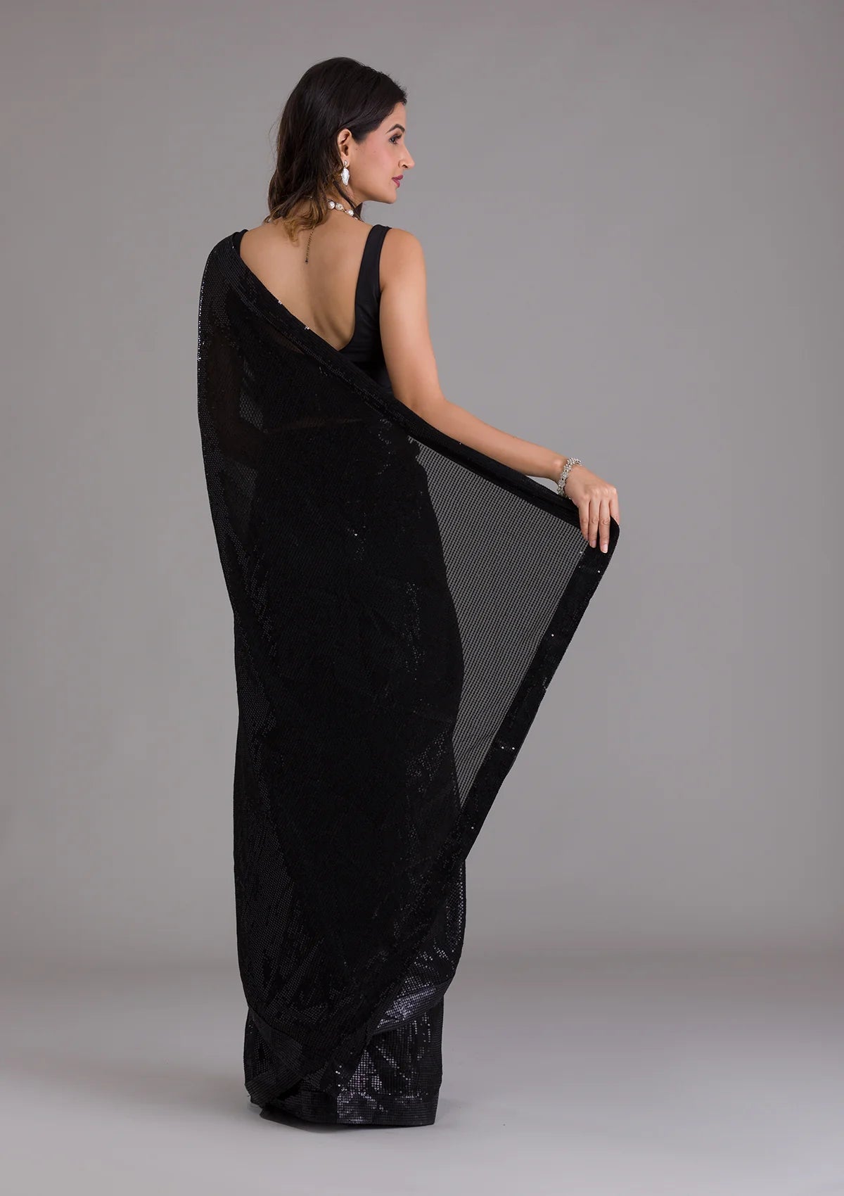 Black Georgette Sequins Saree With Matching Blouse Piece