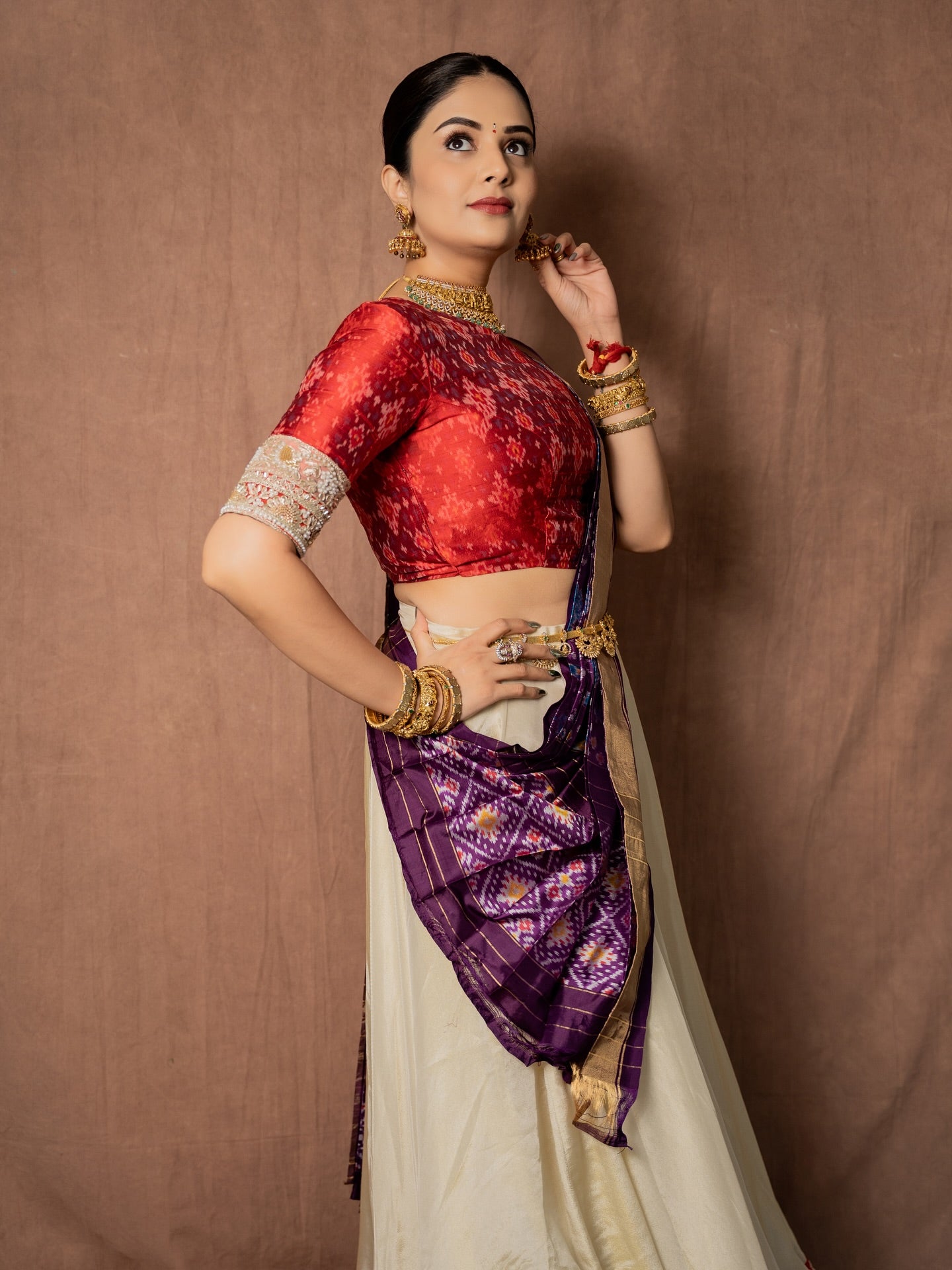 BrideLook Red & Ivory Embroidered Bridal Lehenga with Purple Dupatta