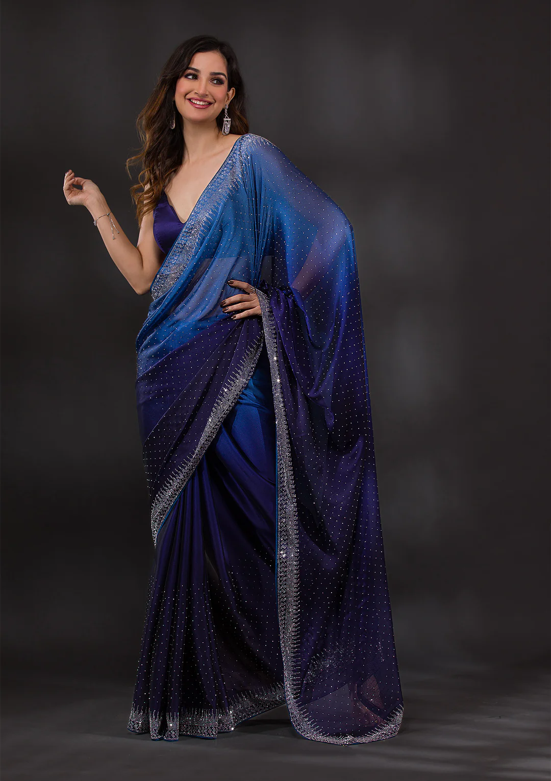 Ombre Navy Blue Stonework Satin Designer Saree