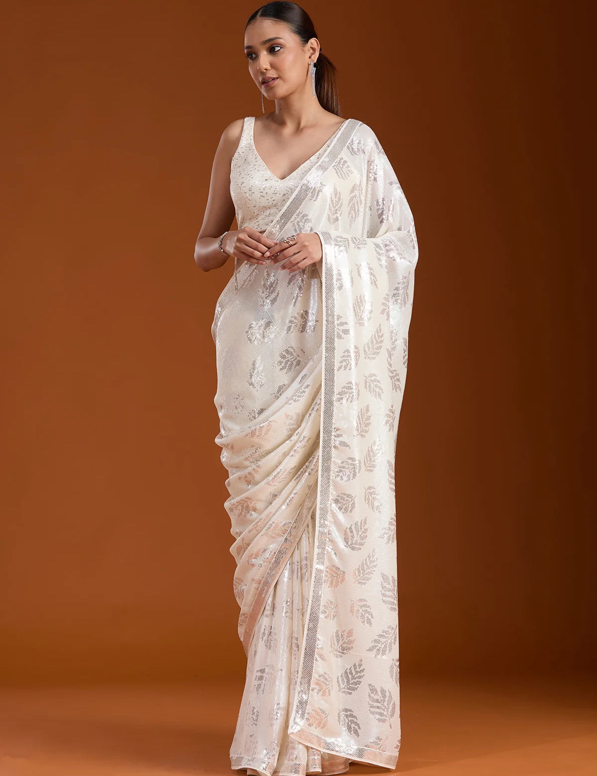 Bridelook Shimmering Leaf Motif Sequin Saree with Metallic Border