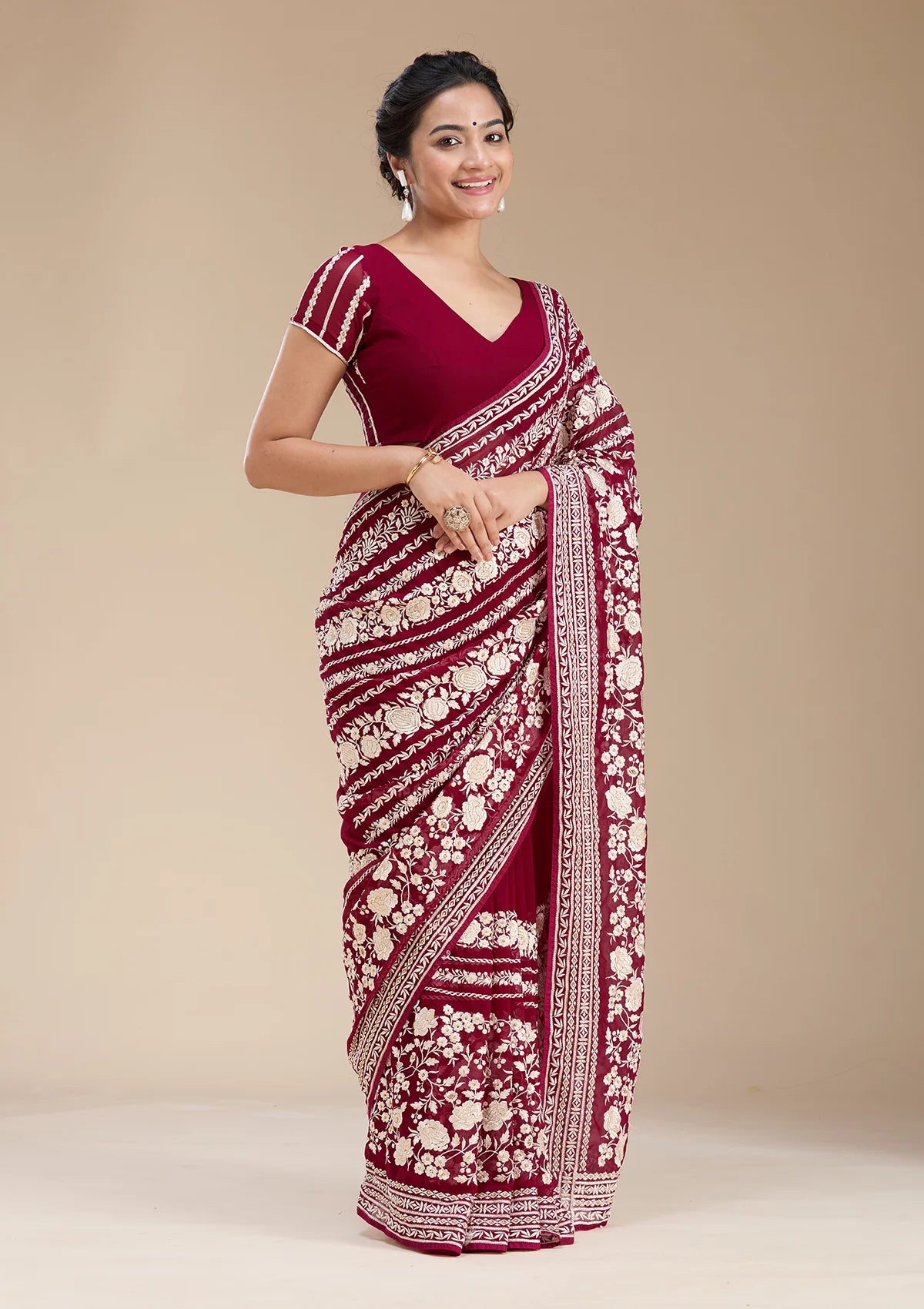 Wine Georgette Threadwork Saree With Matching Blouse Piece