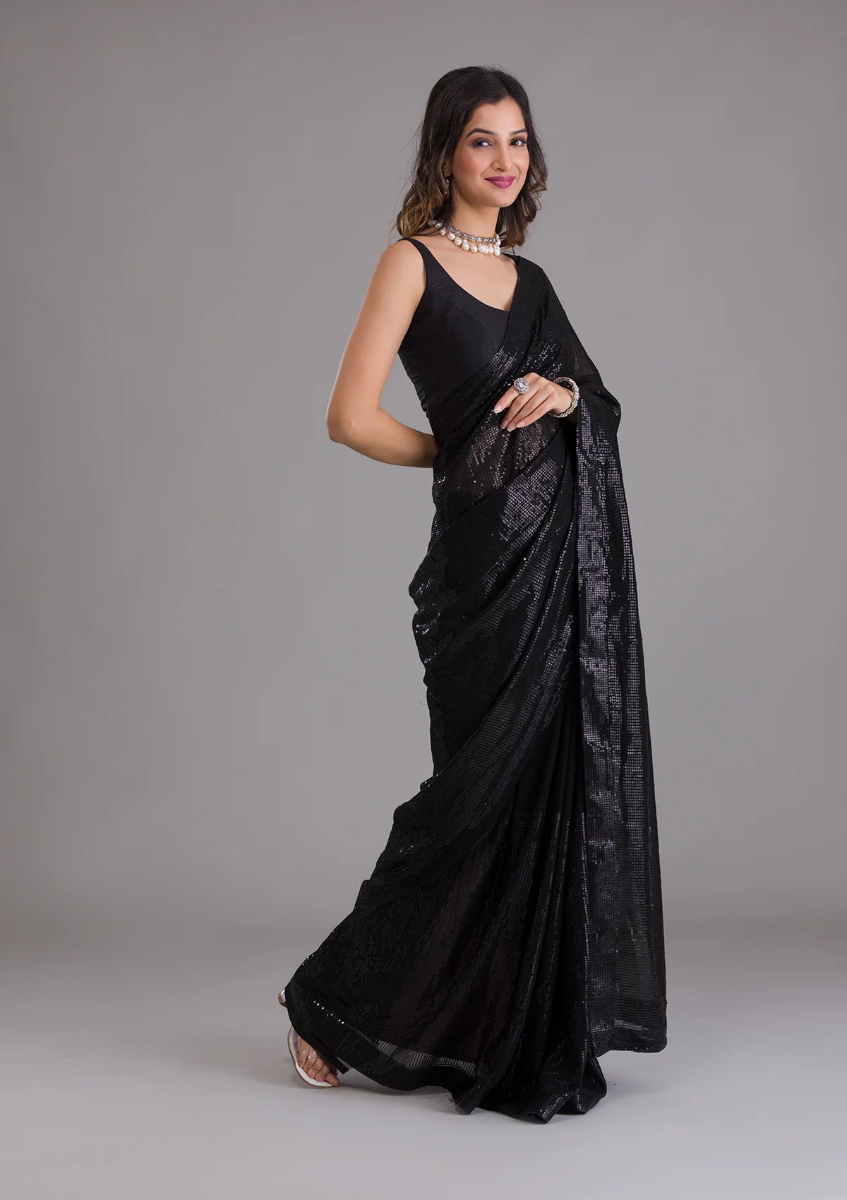 Black Georgette Sequins Saree With Matching Blouse Piece