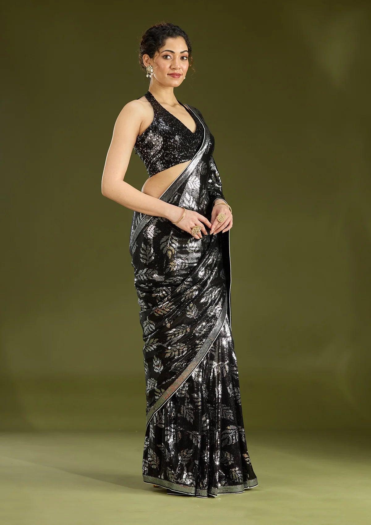 Black Georgette Sequins Saree With Matching Blouse Piece