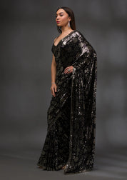 Black Georgette Sequins Saree With Matching Blouse Piece