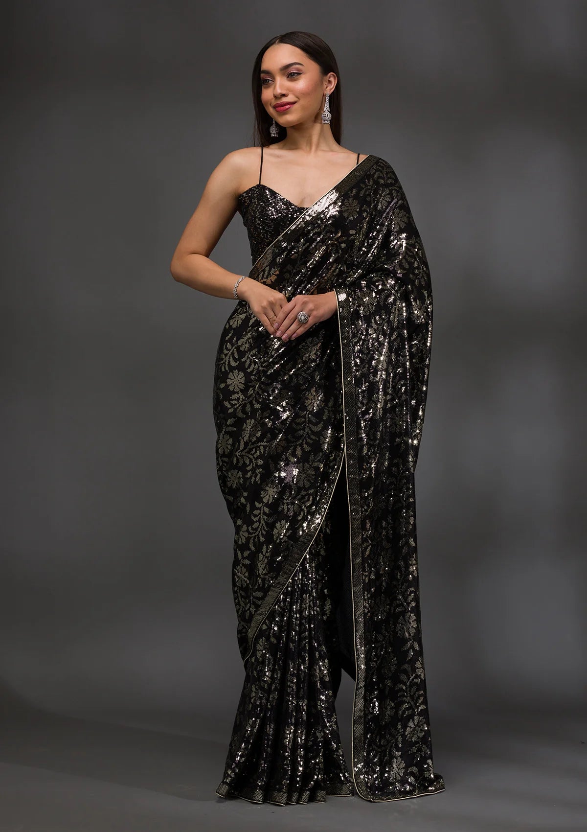 Black Georgette Sequins Saree With Matching Blouse Piece