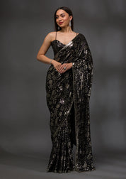 Black Georgette Sequins Saree With Matching Blouse Piece