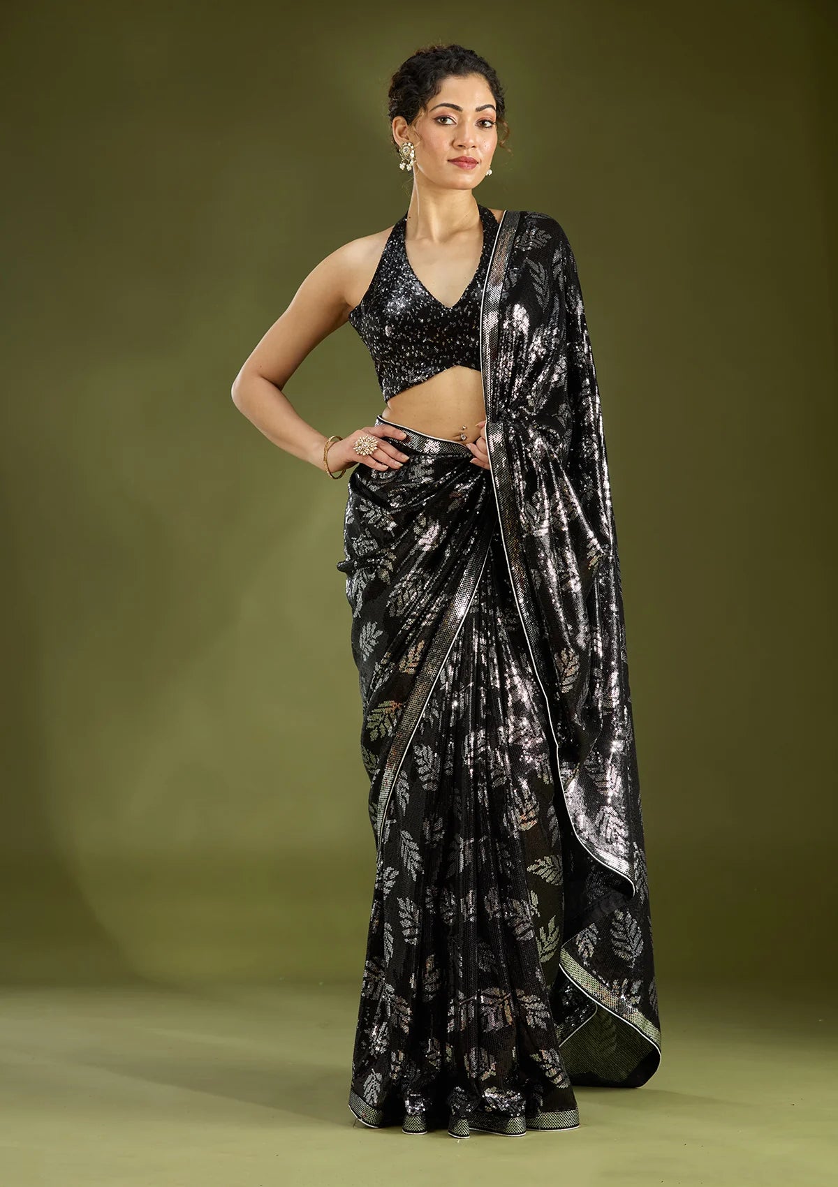 Bridelook Shimmering Leaf Motif Sequin Saree with Metallic Border
