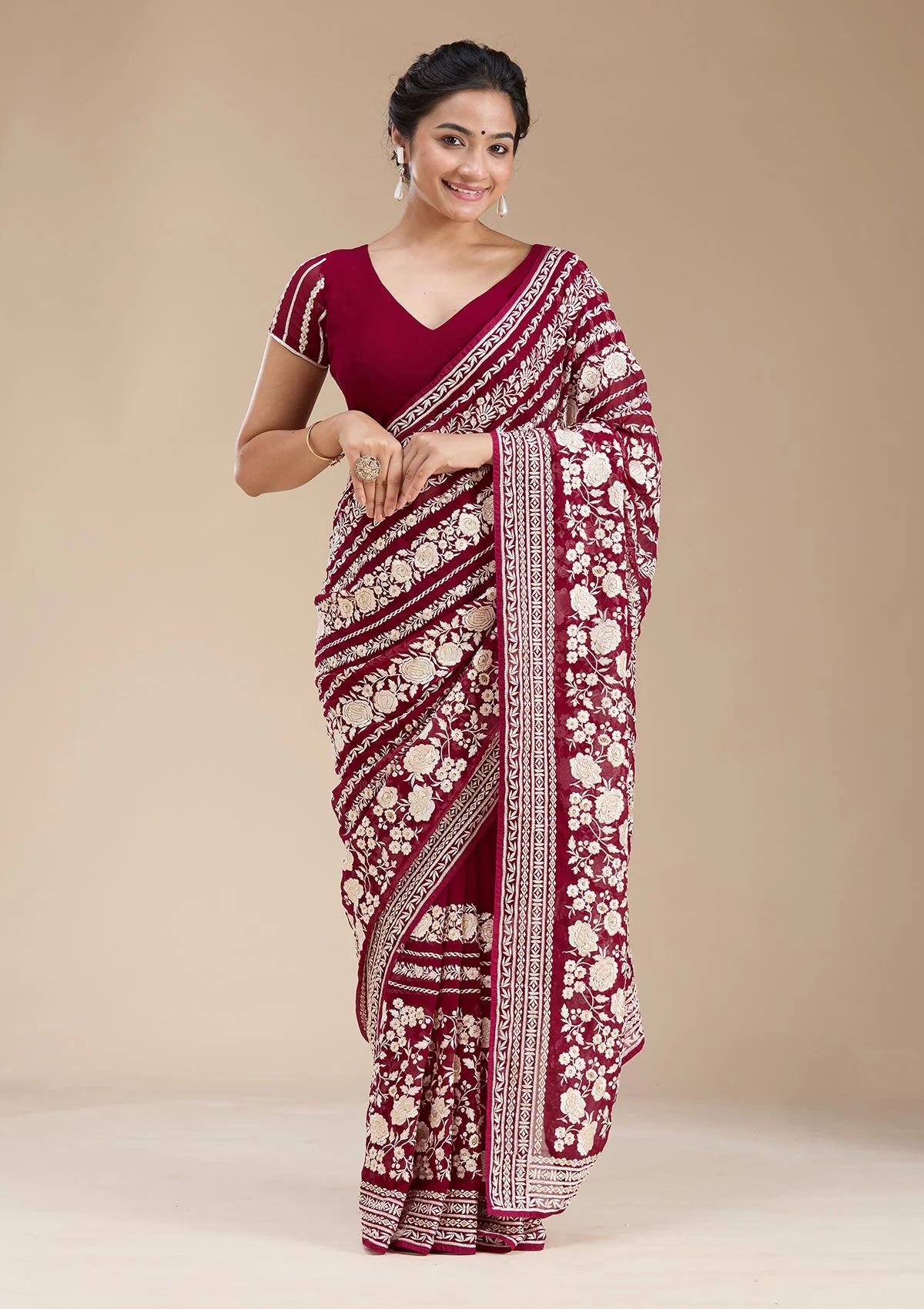 Wine Georgette Threadwork Saree With Matching Blouse Piece