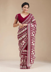 Wine Georgette Threadwork Saree With Matching Blouse Piece