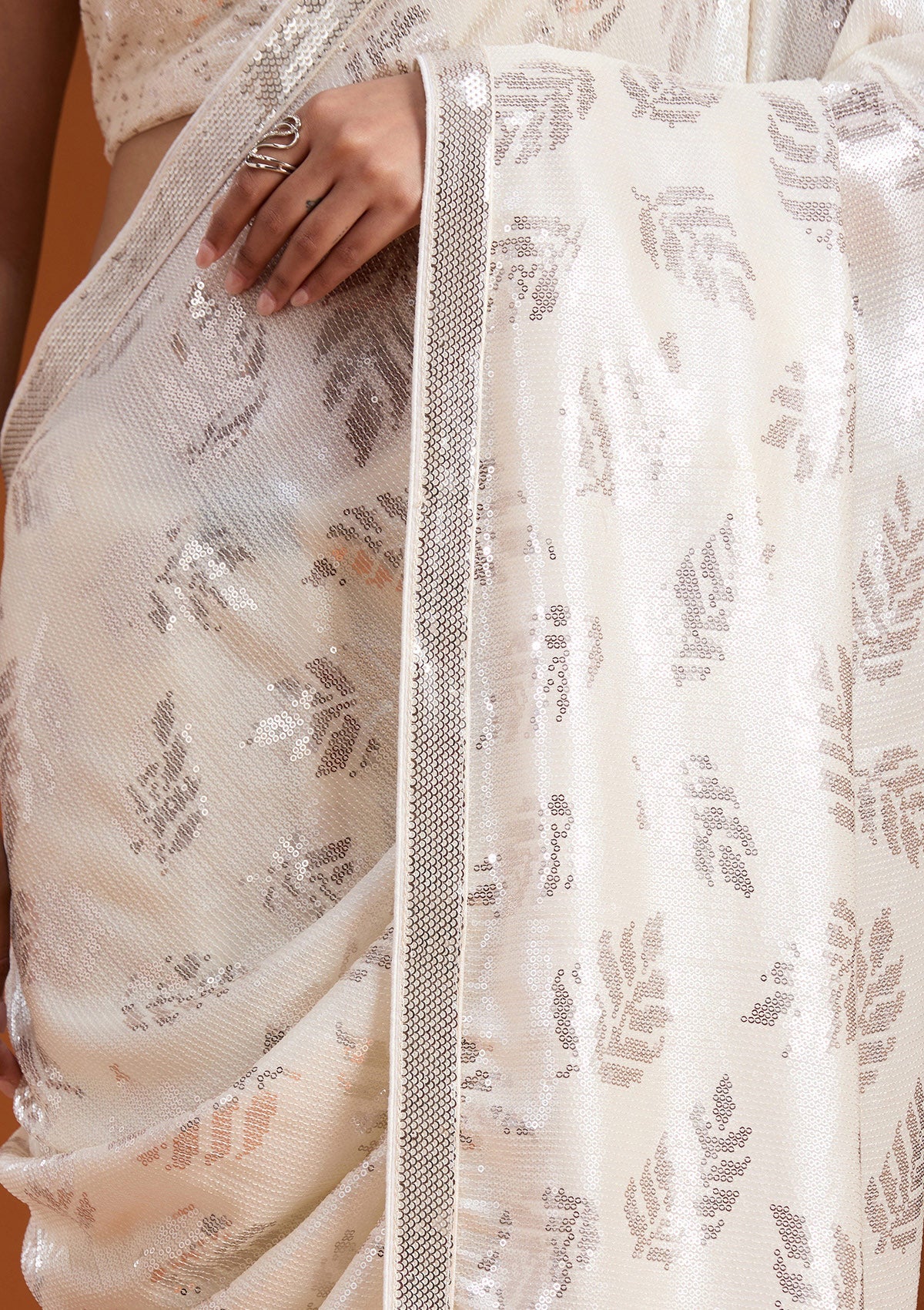 Bridelook Shimmering Leaf Motif Sequin Saree with Metallic Border