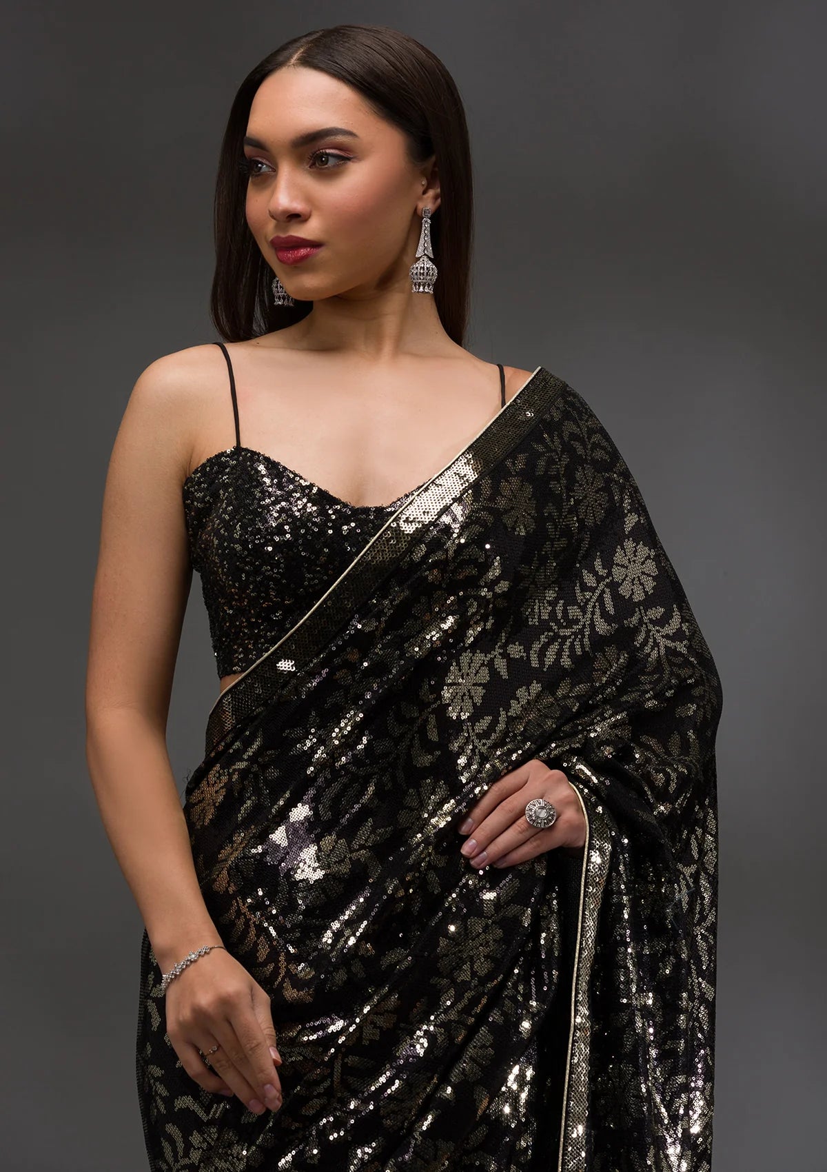 Black Georgette Sequins Saree With Matching Blouse Piece