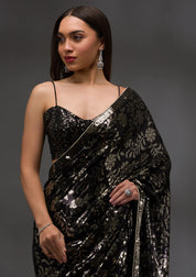 Black Georgette Sequins Saree With Matching Blouse Piece