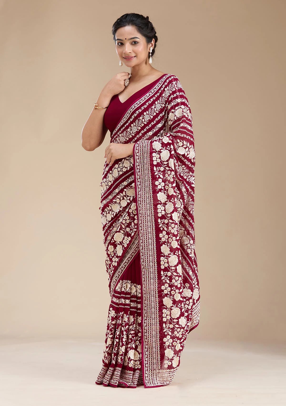 Wine Georgette Threadwork Saree With Matching Blouse Piece