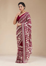 Wine Georgette Threadwork Saree With Matching Blouse Piece