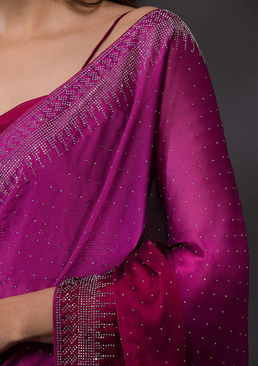 Ombre Wine Stonework Satin Designer Saree