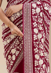Wine Georgette Threadwork Saree With Matching Blouse Piece