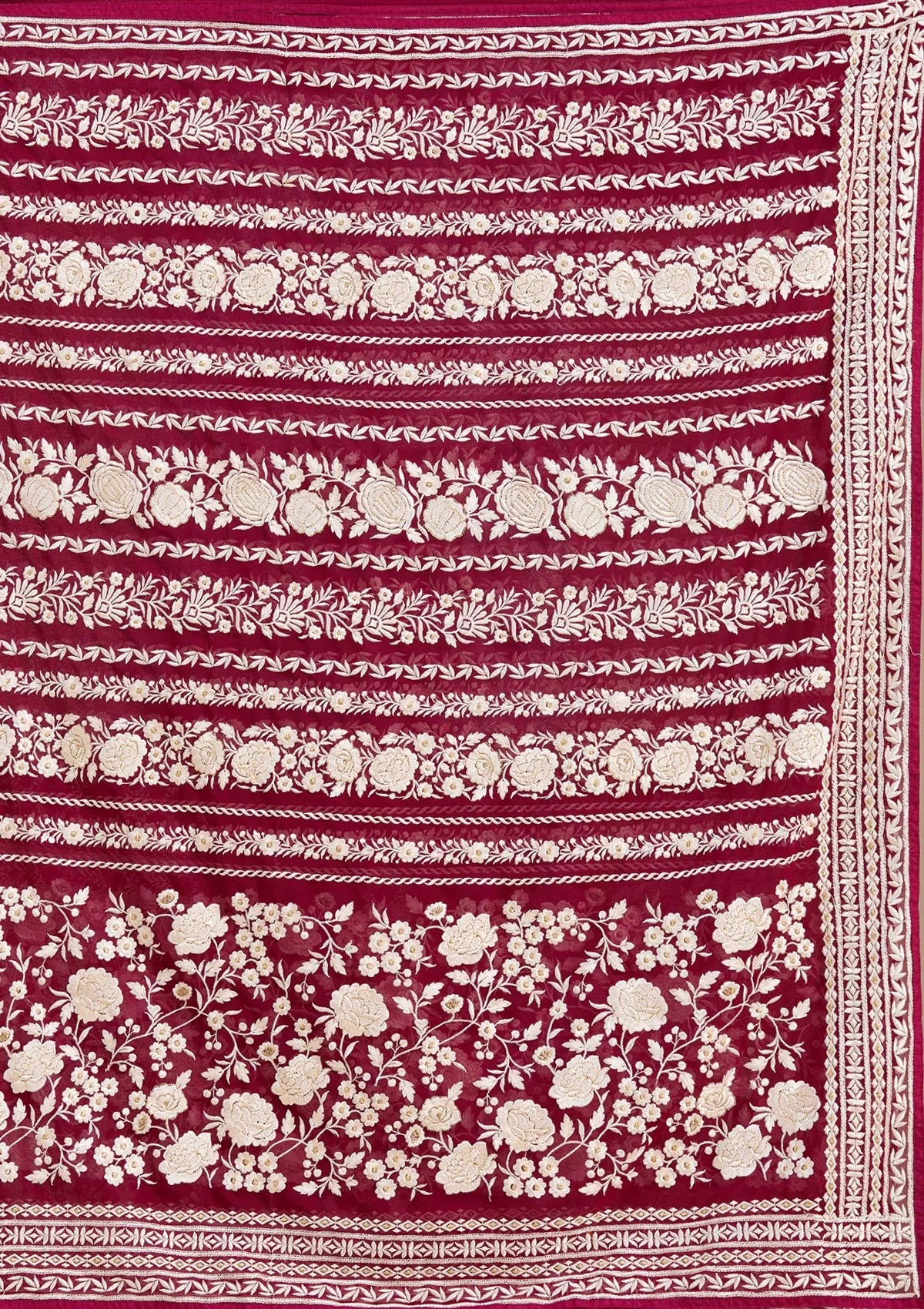Wine Georgette Threadwork Saree With Matching Blouse Piece