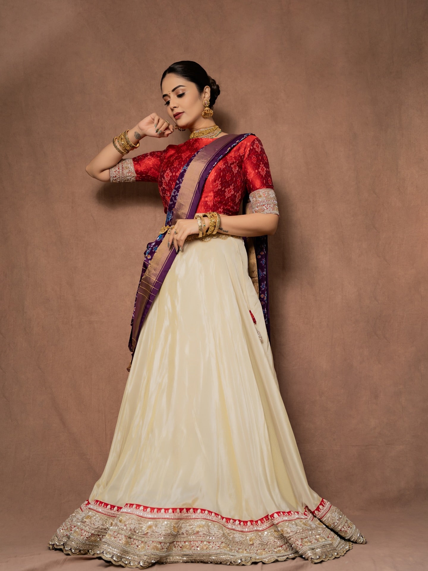 BrideLook Red & Ivory Embroidered Bridal Lehenga with Purple Dupatta