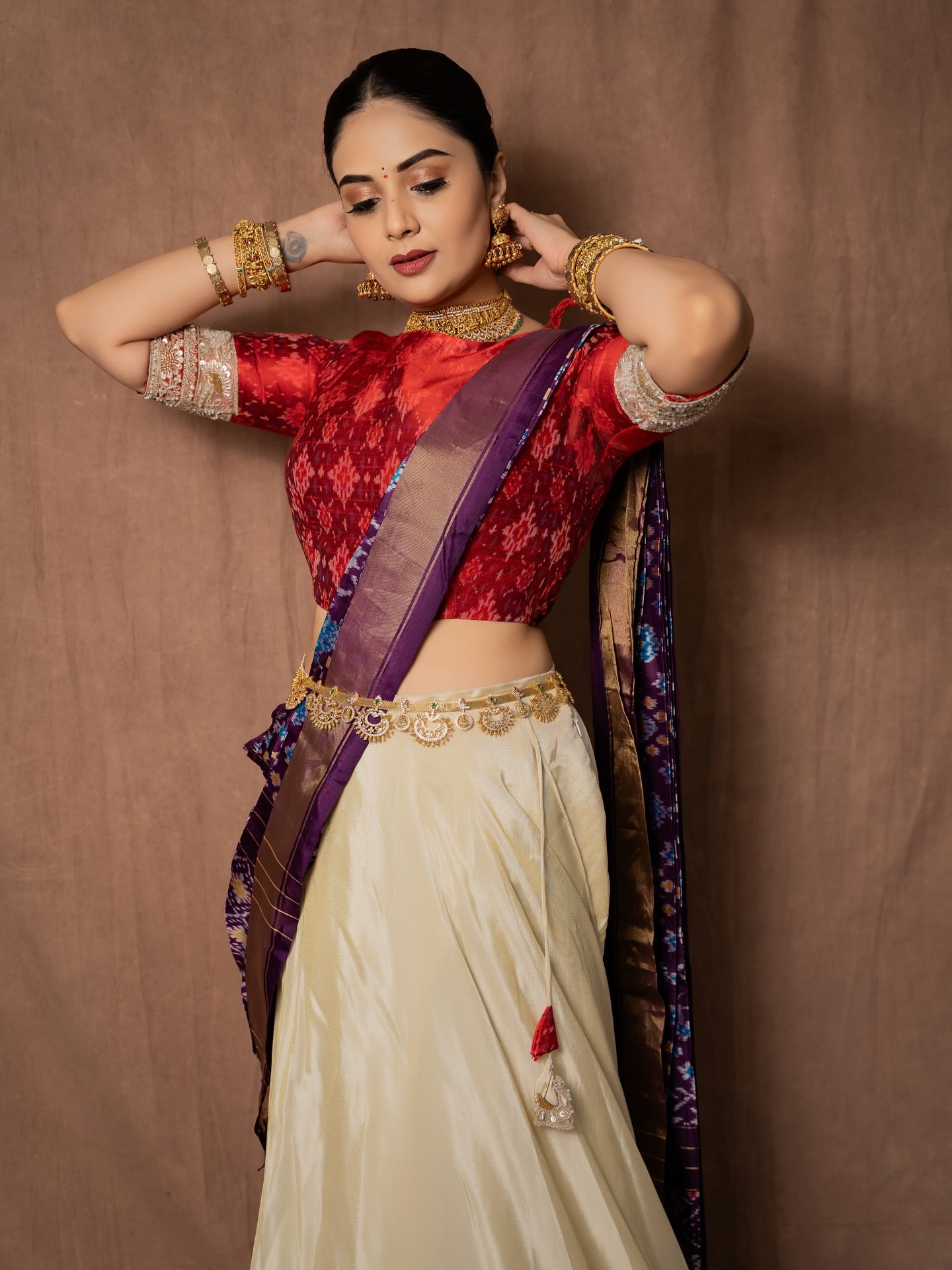 BrideLook Red & Ivory Embroidered Bridal Lehenga with Purple Dupatta