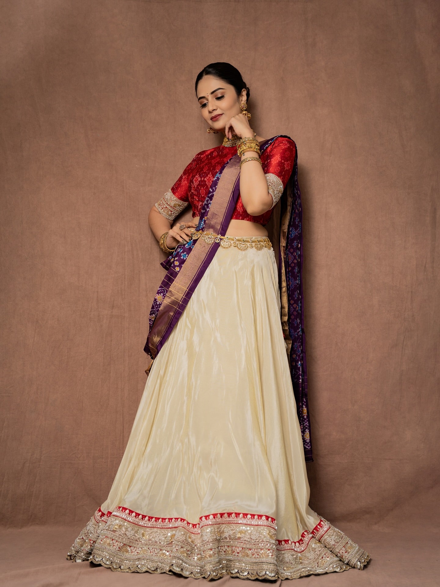 BrideLook Red & Ivory Embroidered Bridal Lehenga with Purple Dupatta