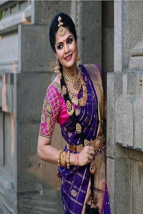 Fabulous Banarasi Pure Soft Silk Purple Saree Blouse Designs