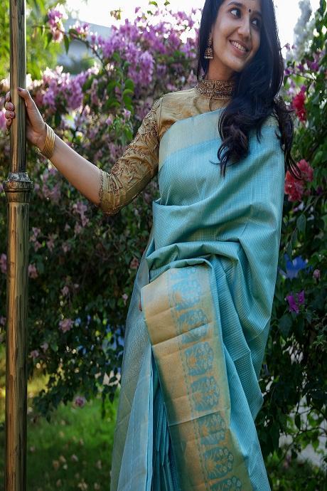 Designer One piece Pure Soft Silk Navy Firozi Saree